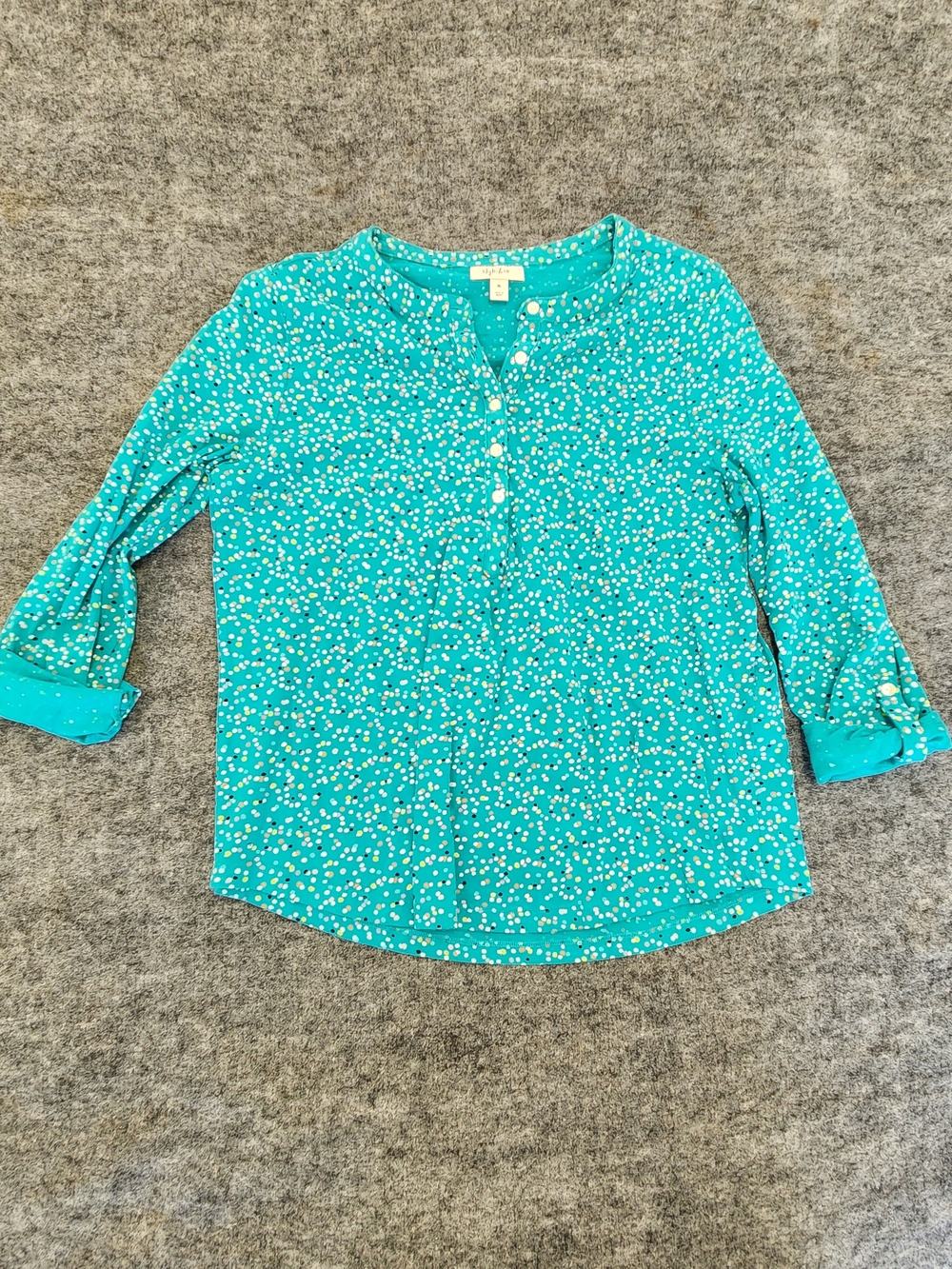 Style & Co Turquoise Ditsy Floral Roll Tab Henley Top XL